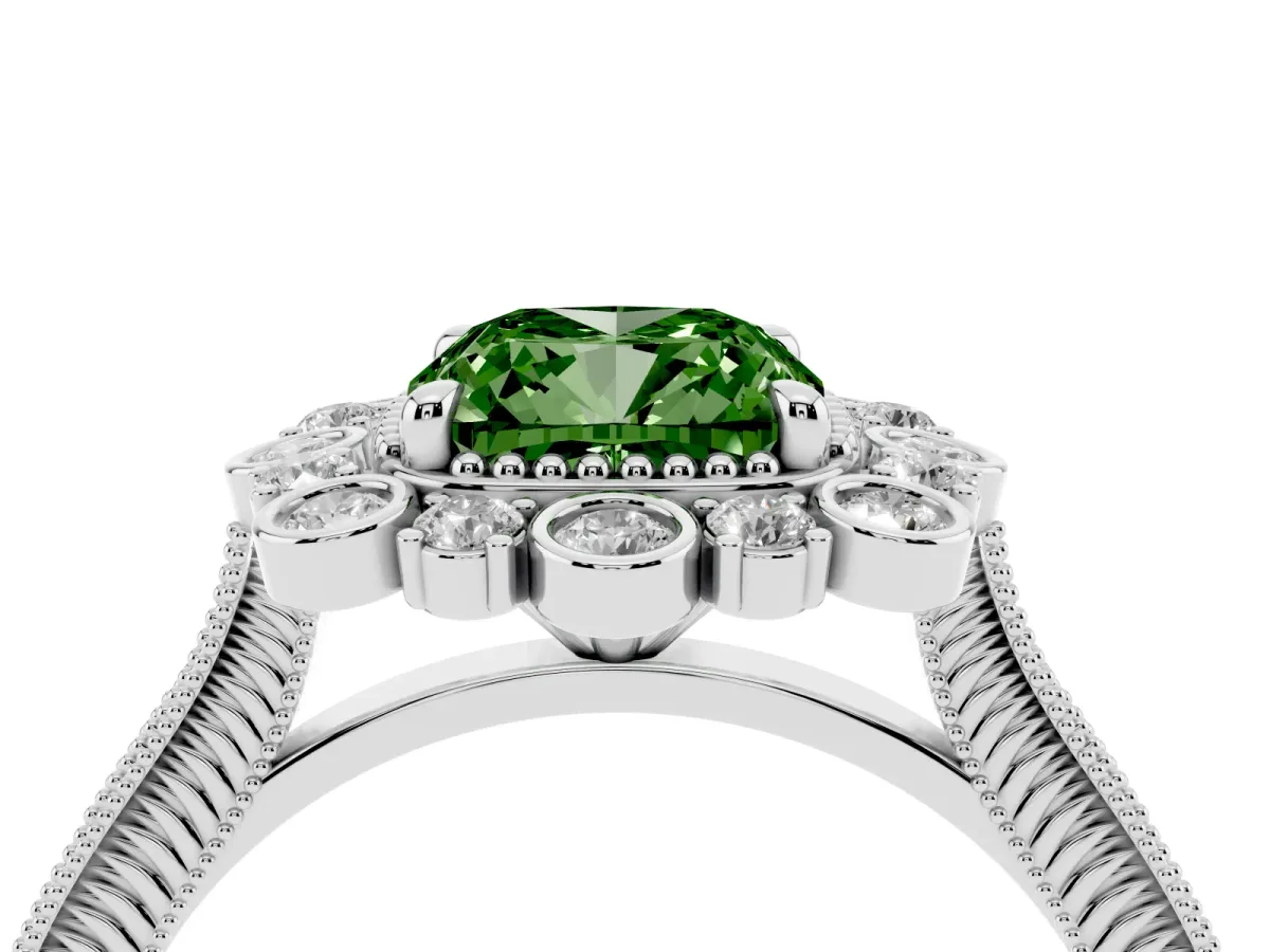 Fancy Green Cushion Cut Halo Milgrain Pave Diamond Ring with Four-Prong Setting Silver