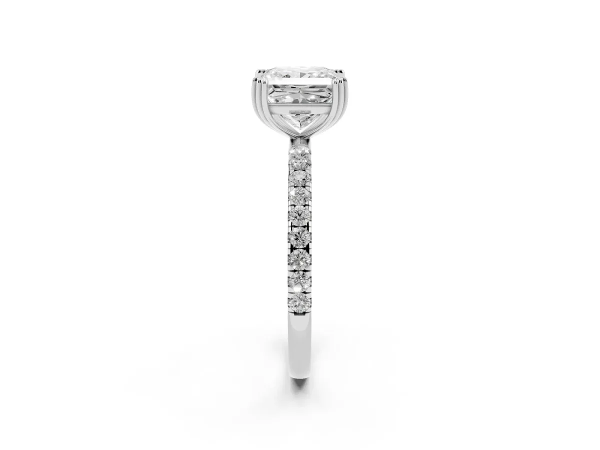 Princess Cut Brilliant Solitaire with Pavé Band and Claw Prong Setting Silver