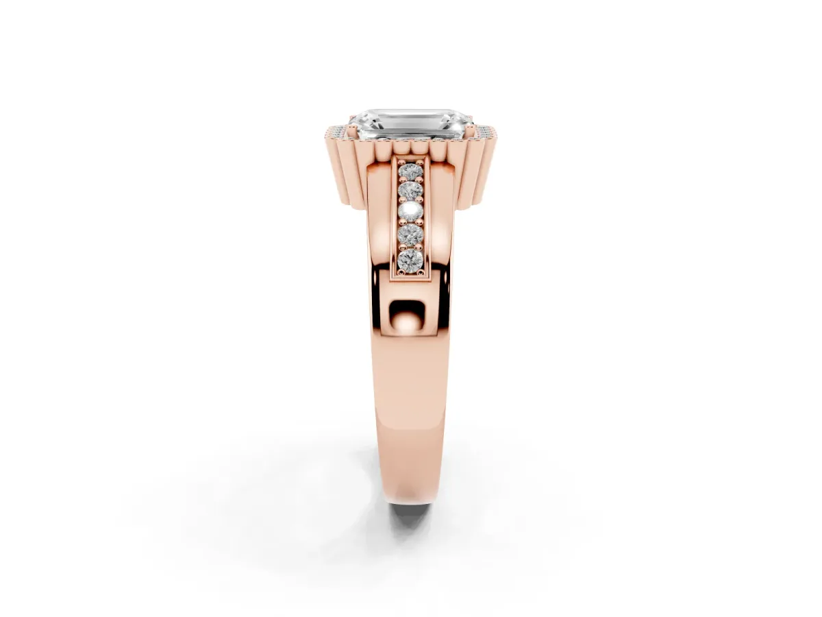 Emerald Cut Cut Halo Pave Band Four-Prong Ring Rose gold