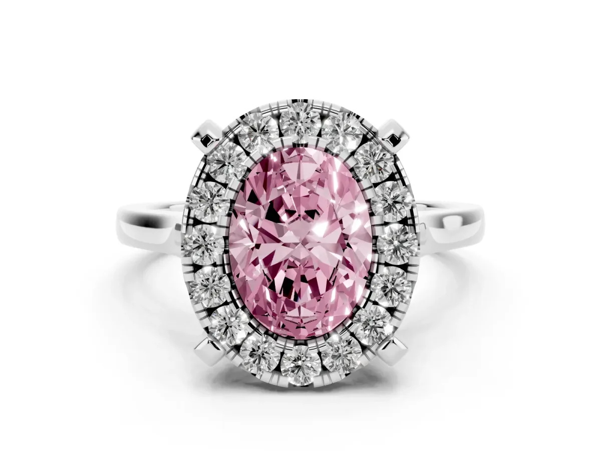 Fancy Pink Oval Cut Diamond Cluster Halo Solitaire with Four-Prong Setting Silver