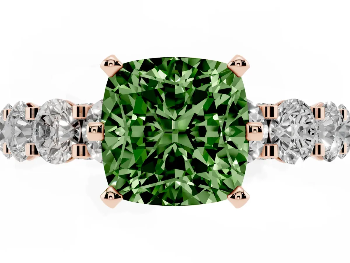 Fancy Green Cushion Cut Diamond Side Stone Engagement Ring with Four-Prong Setting Rose gold