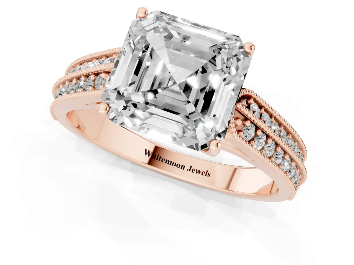 Asscher Cut Cut Pave Split Shank Engagement Ring with Four-Prong Setting Rose gold