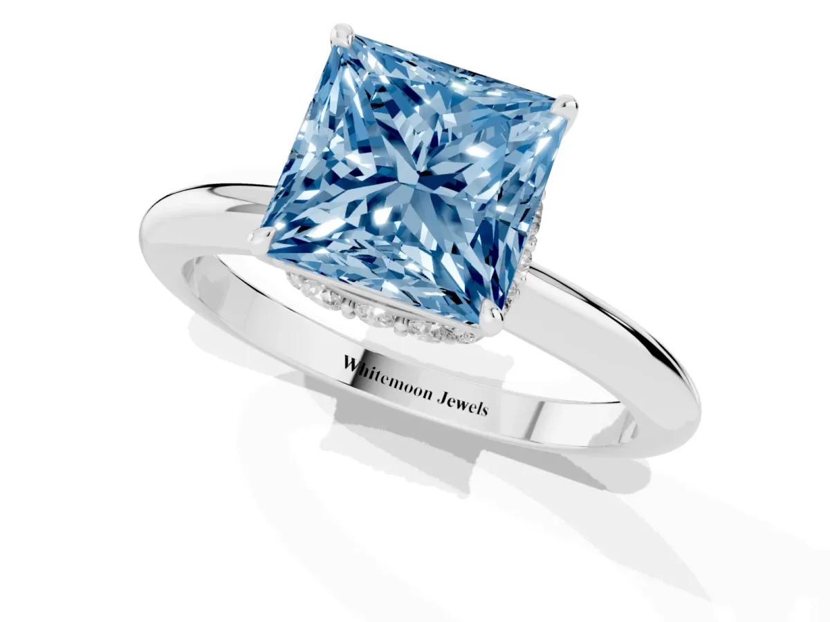 Fancy Blue Princess Cut Brilliant Solitaire Engagement Ring with Six-Prong Setting and Classic Band Silver