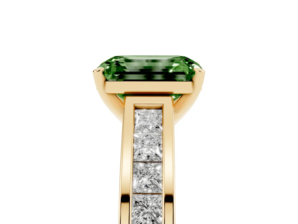 Fancy Green Emerald Cut Solitaire Diamond Ring with Channel-Set Band and Four-Prong Setting Yellow gold