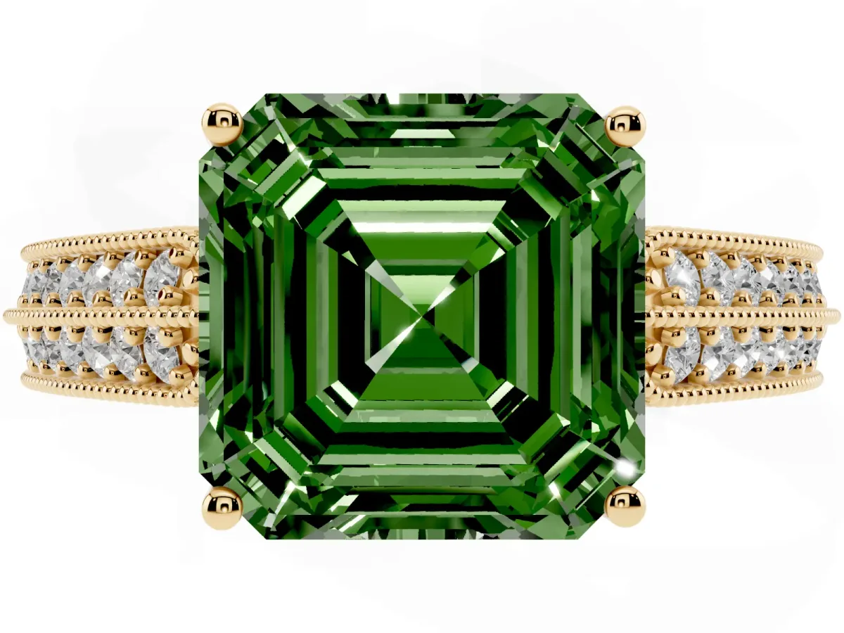 Fancy Green Asscher Cut Cut Pave Split Shank Engagement Ring with Four-Prong Setting Yellow gold