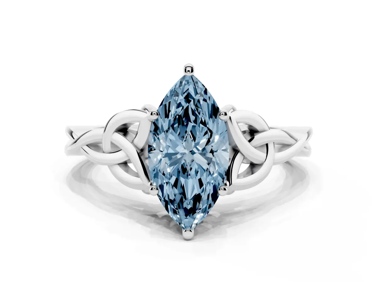 Fancy Blue Marquise Cut Diamond Solitaire Engagement Ring with Celtic Knot Band and Four-Prong Setting Platinum