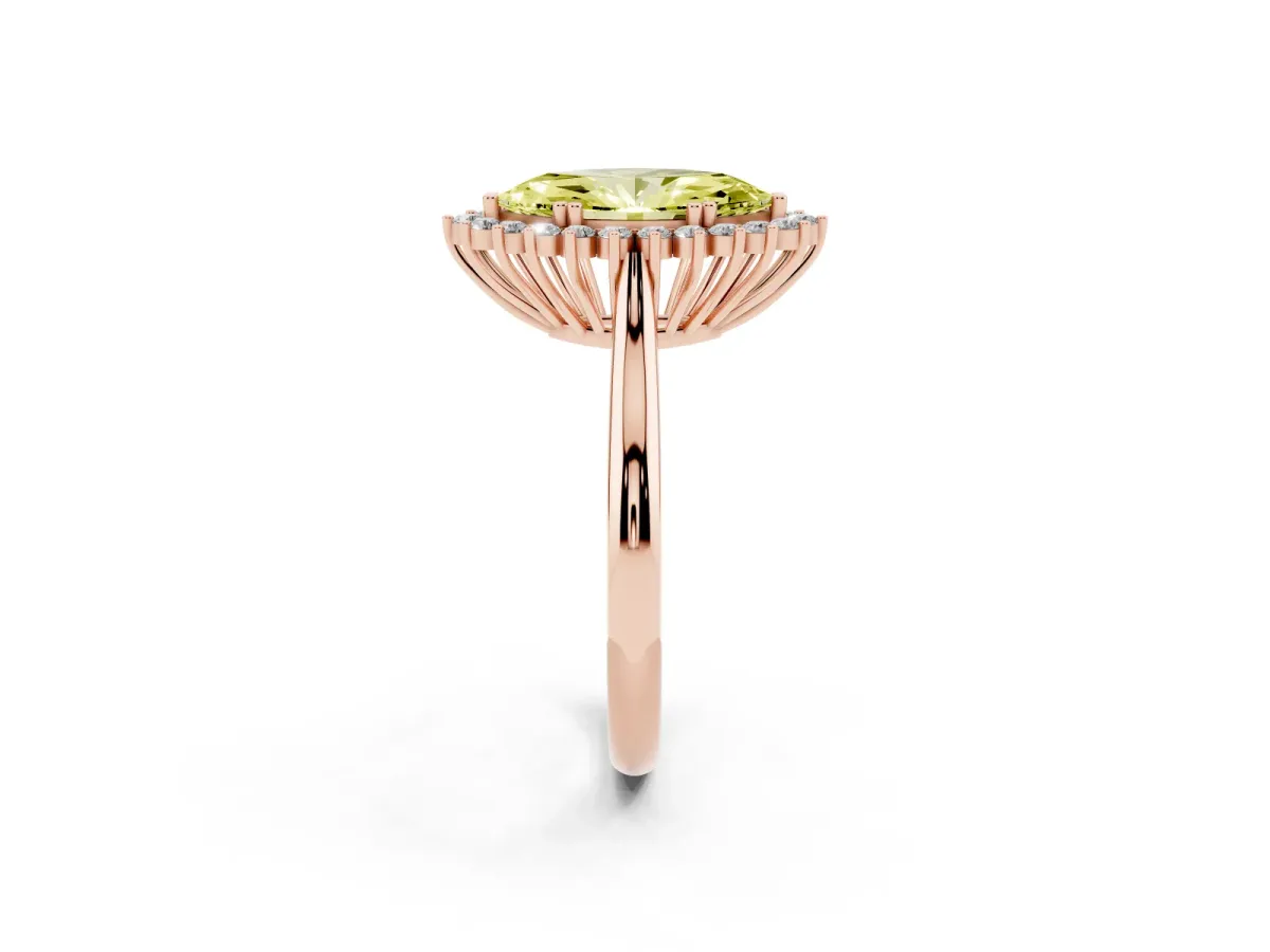 Fancy Yellow Marquise Cut Cut Diamond Halo Ring with Solitaire Band and Prong Setting Rose gold