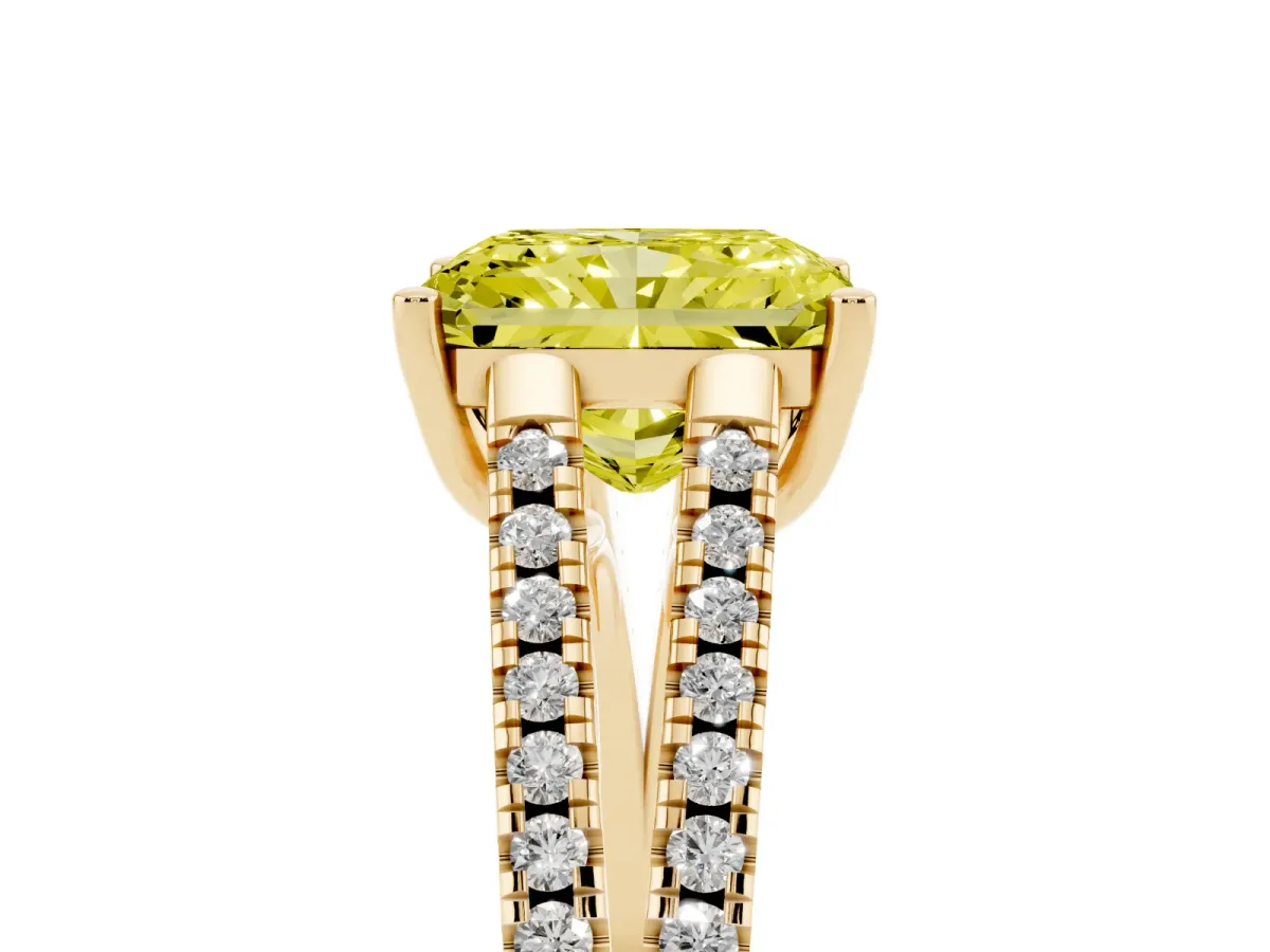 Fancy Yellow Radiant Cut Diamond Solitaire Engagement Ring with Split Shank Pavé Band Yellow gold