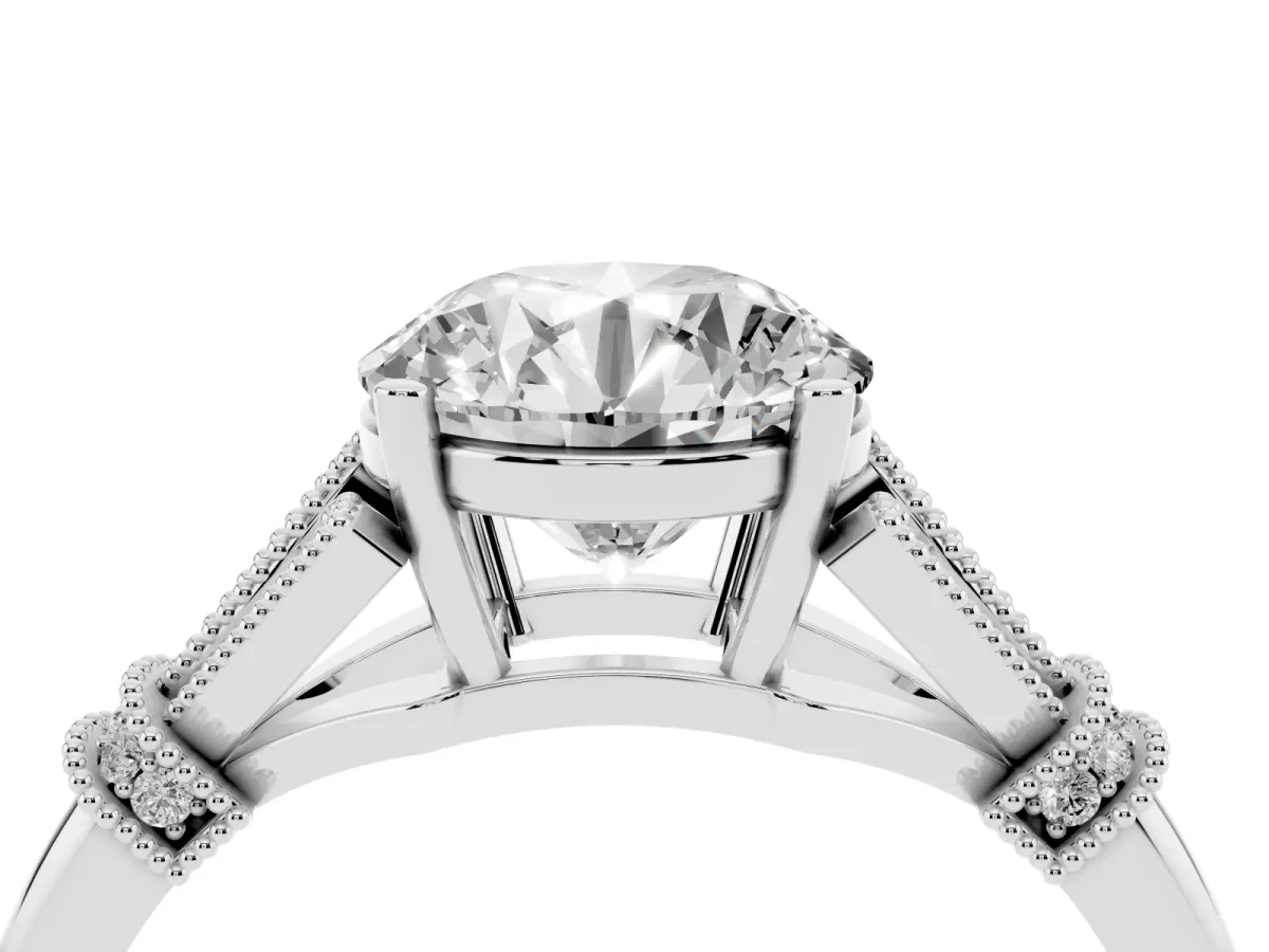 Round Cut Diamond Solitaire Ring with Floral Filigree and Pave Accents White gold