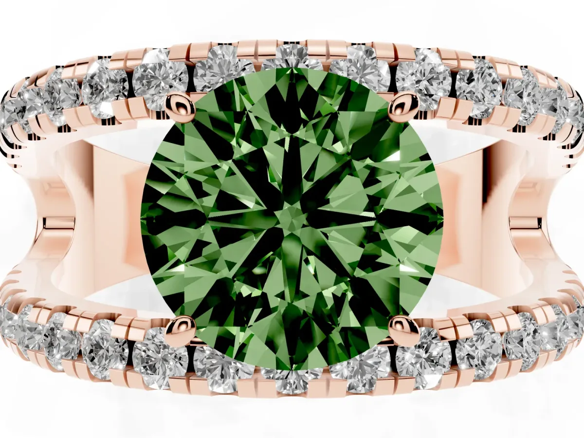 Fancy Green Round Cut Solitaire Split Shank Pave Diamond Ring Rose gold
