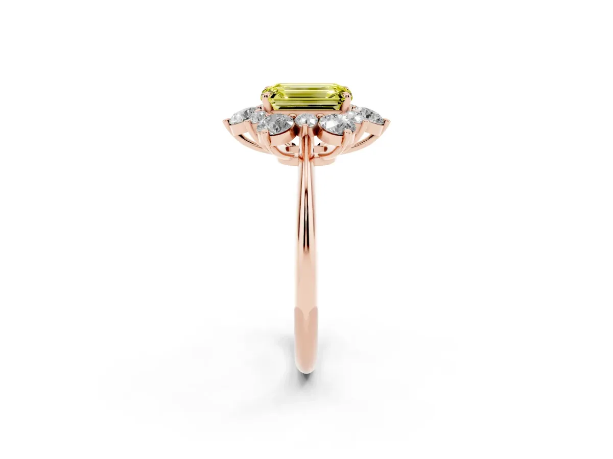 Fancy Yellow Emerald Cut Diamond Cluster Halo Ring with Solitaire Band and Four-Prong Setting Rose gold