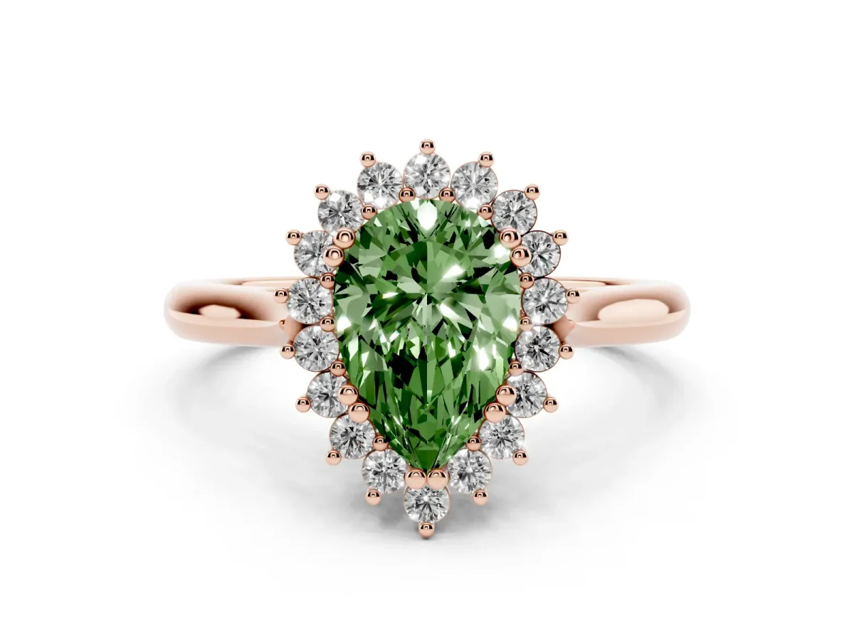 Fancy Green Pear Cut Cut Diamond Halo Ring with Solitaire Band and Prong Setting Rose gold