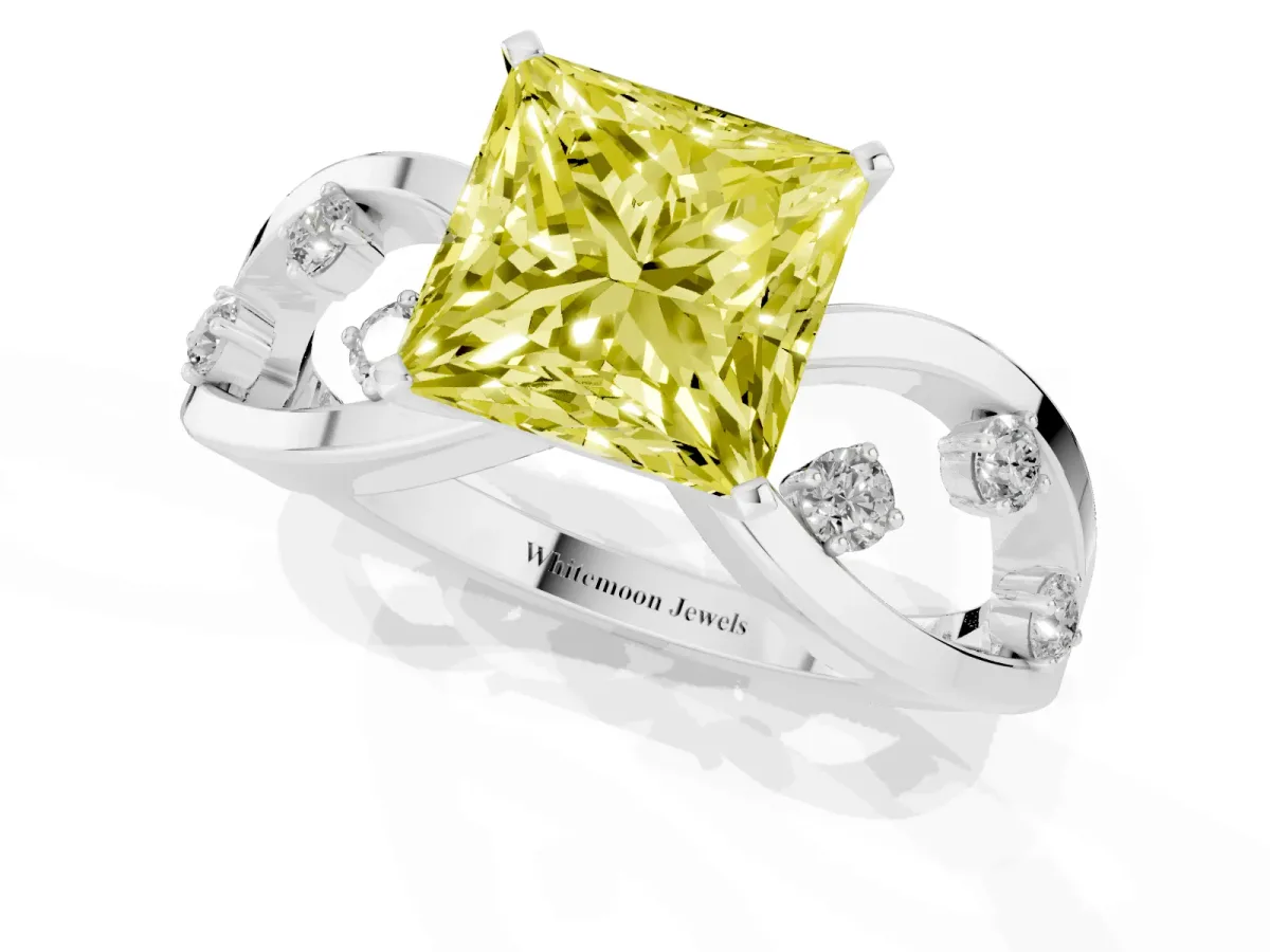 Fancy Yellow Princess Cut Cut Solitaire Diamond with Side Stones on Criss-Cross Band and Four-Prong Setting Silver