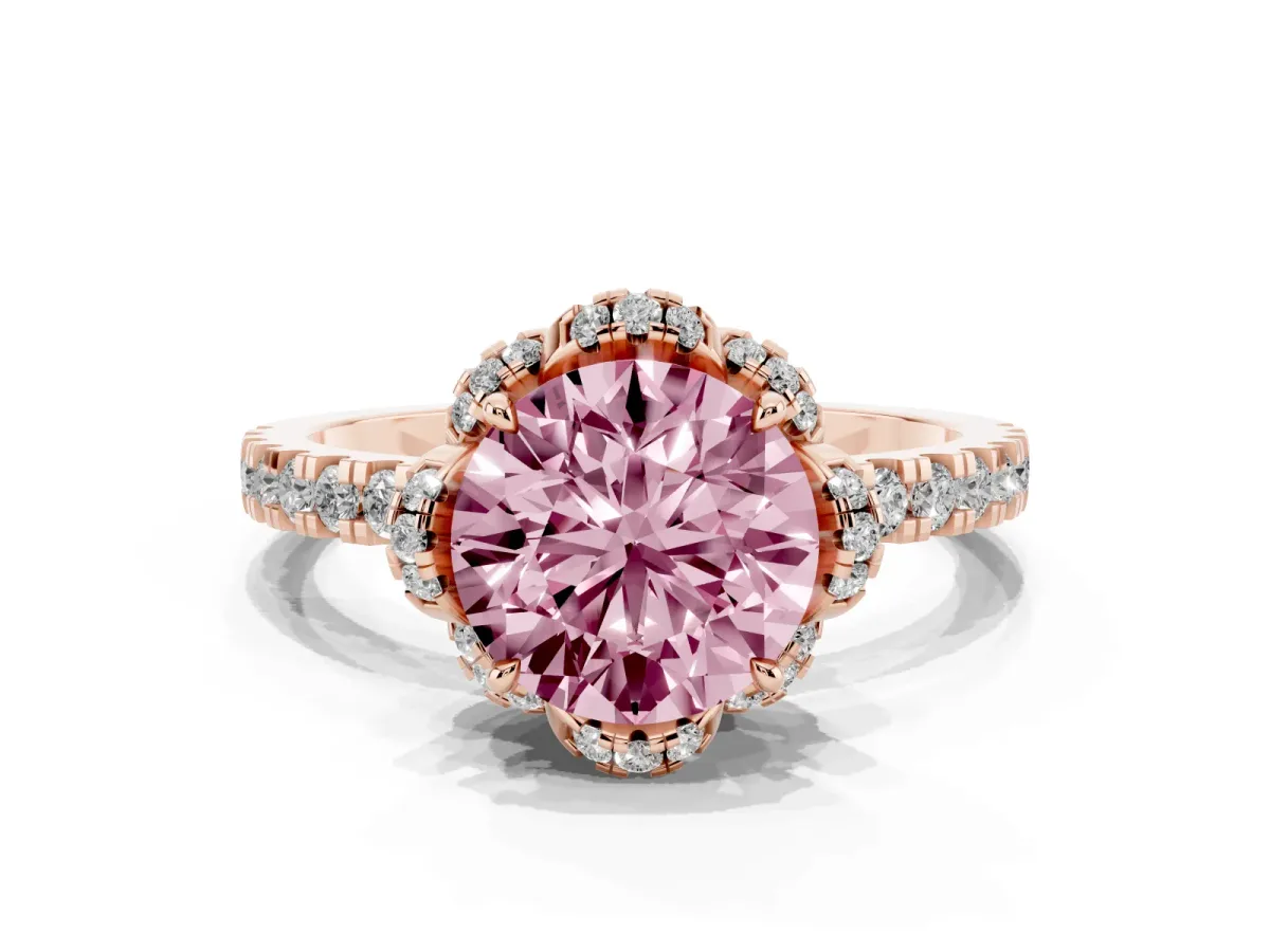 Fancy Pink Round Cut Halo Diamond Pave Band Ring with Four-Prong Setting Rose gold