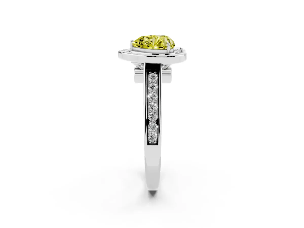 Fancy Yellow Heart Cut Halo Solitaire Diamond Ring with Pave Band and Bezel Setting Silver