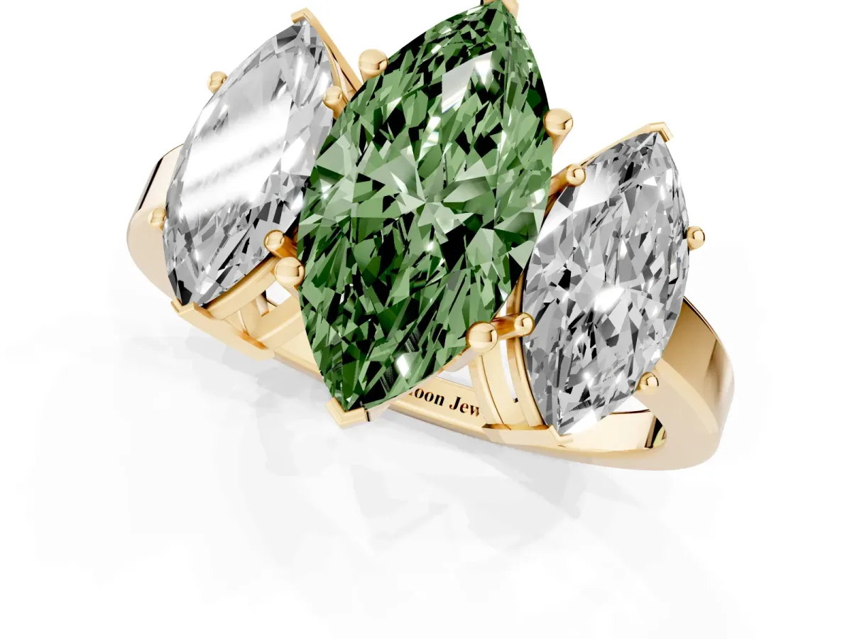 Fancy Green Three-Stone Marquise Cut Cut Diamond Engagement Ring with Flat Band and Four-Prong Setting Yellow gold
