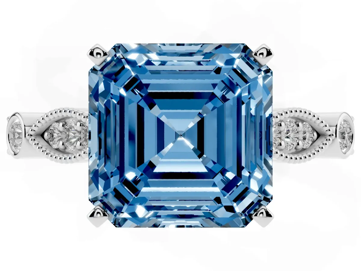 Fancy Blue Asscher Cut Cut Diamond with Milgrain Marquise and Bezel Accents on a Solitaire Band with Prong Setting Silver