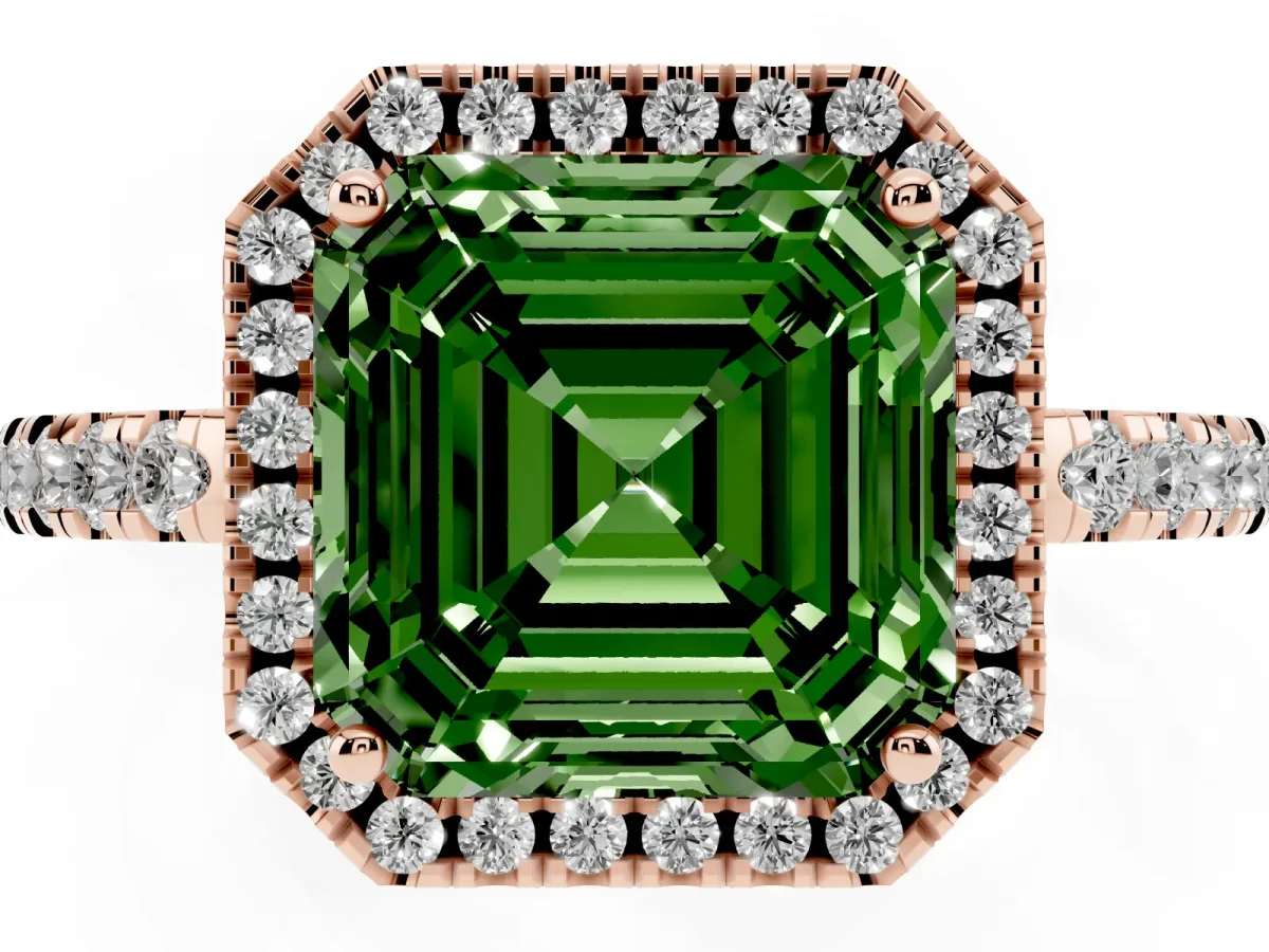 Fancy Green Asscher Cut Halo Diamond Engagement Ring with Pavé Band and Four-Prong Setting Rose gold