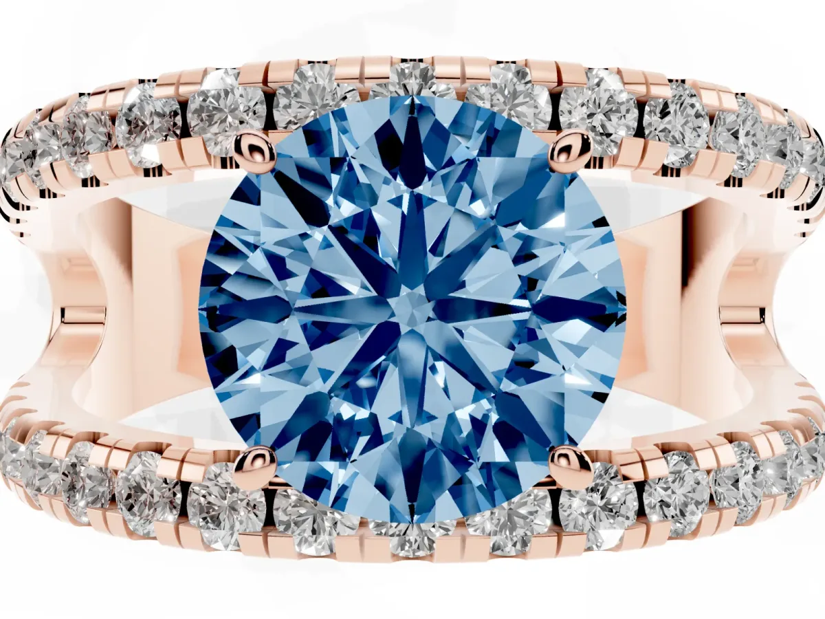 Fancy Blue Round Cut Solitaire Split Shank Pave Diamond Ring Rose gold