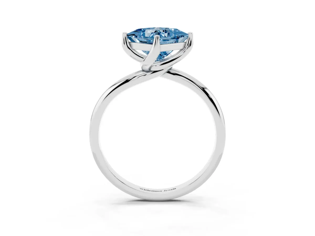 Fancy Blue Princess Cut Diamond Solitaire Engagement Ring with Four-Prong Setting and Classic Band Silver