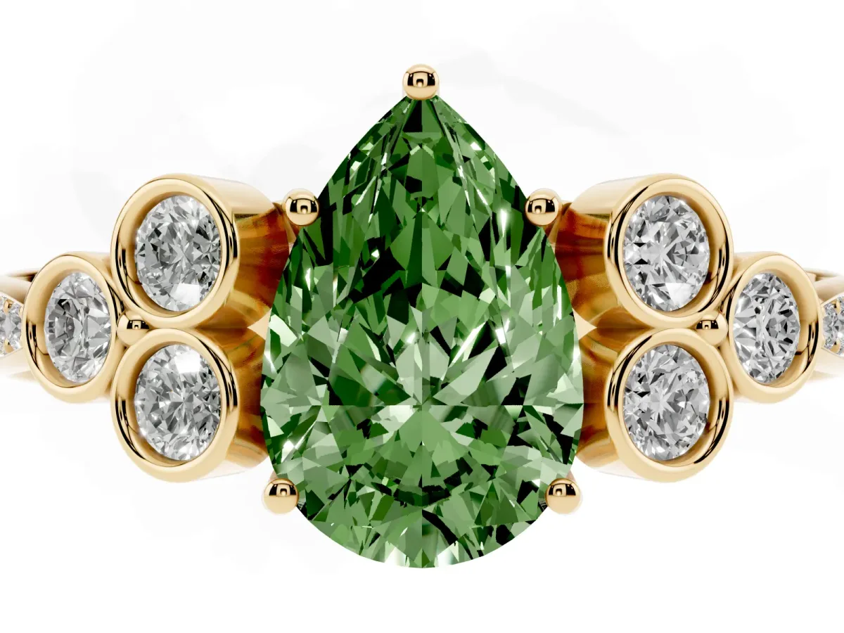 Fancy Green Pear Cut Cut Diamond Engagement Ring with Bezel Set Round Side Stones and Prong Setting Yellow gold