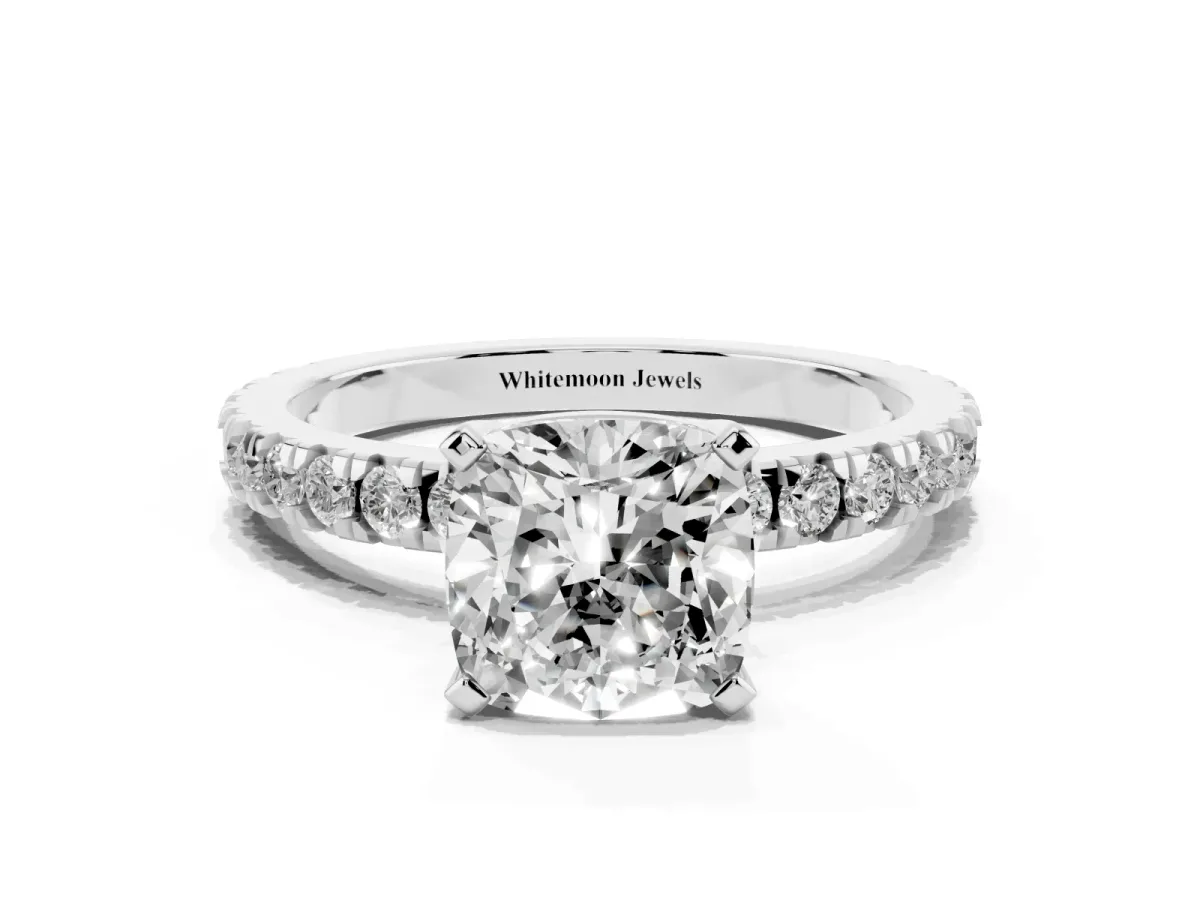 Cushion Cut Diamond Pavé Band Solitaire with Four-Prong Setting Platinum