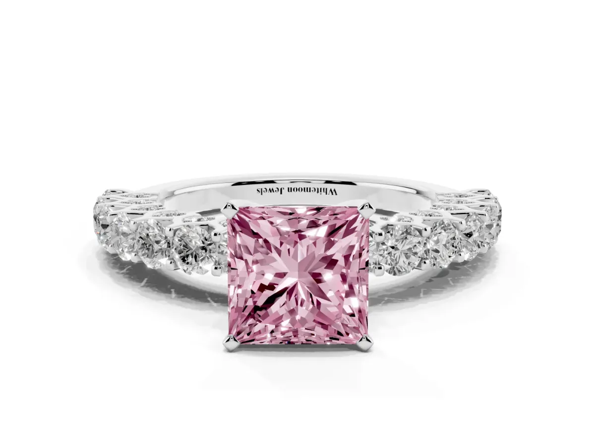 Fancy Pink Princess Cut Diamond Solitaire Ring with Shared Prong Pavé Band and Four-Prong Setting Silver