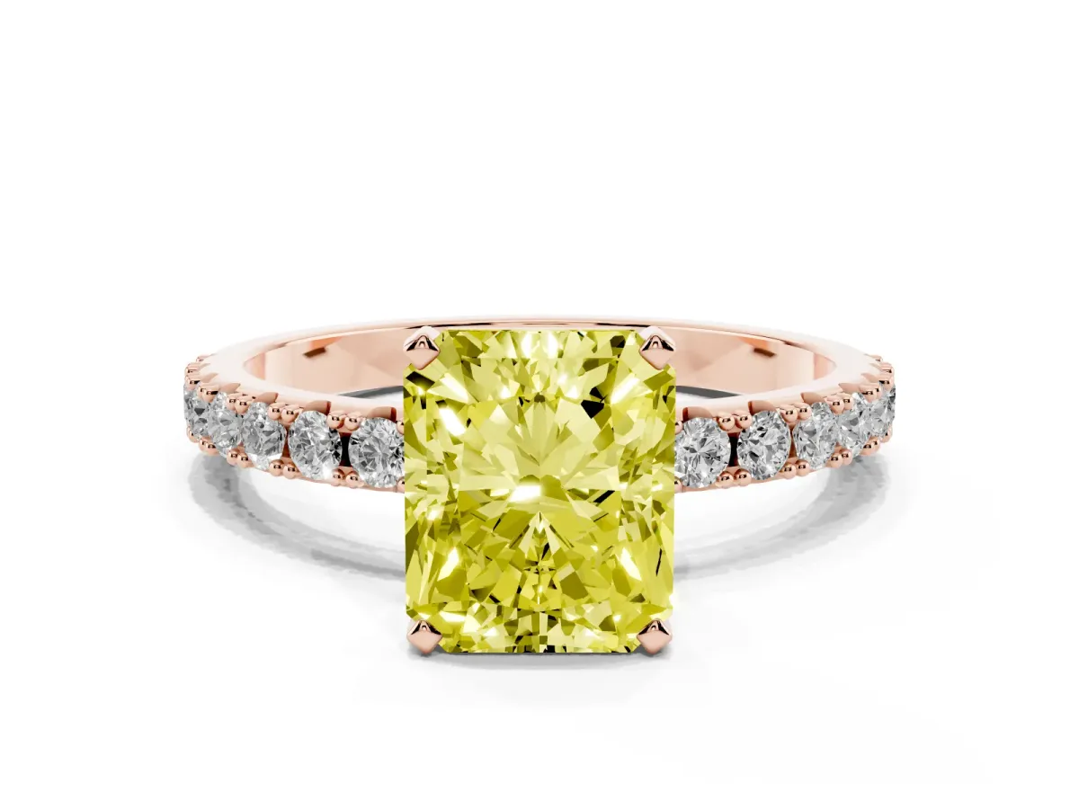 Fancy Yellow Radiant Cut Diamond Solitaire Pavé Band with Four-Prong Setting Rose gold