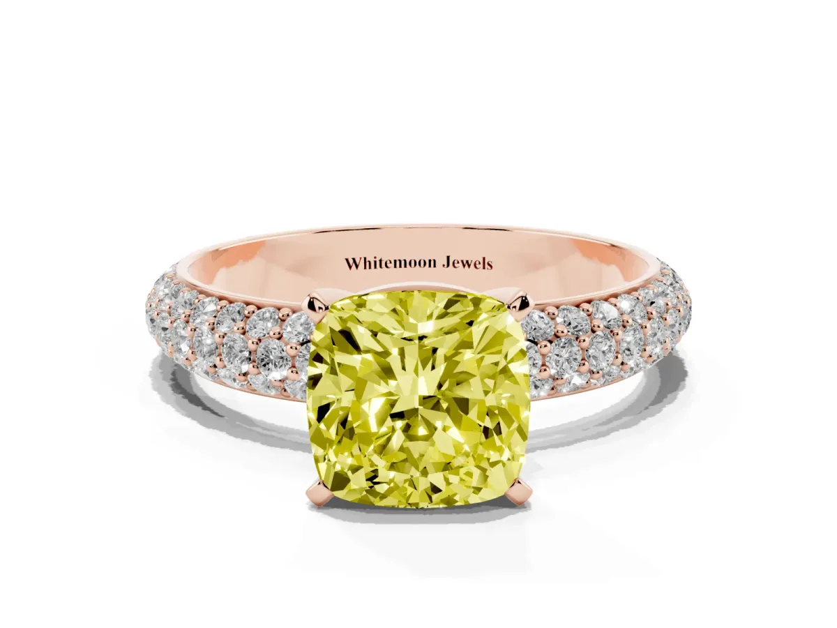 Fancy Yellow Cushion Cut Diamond Solitaire Ring with Prong Setting and Pavé Band Rose gold