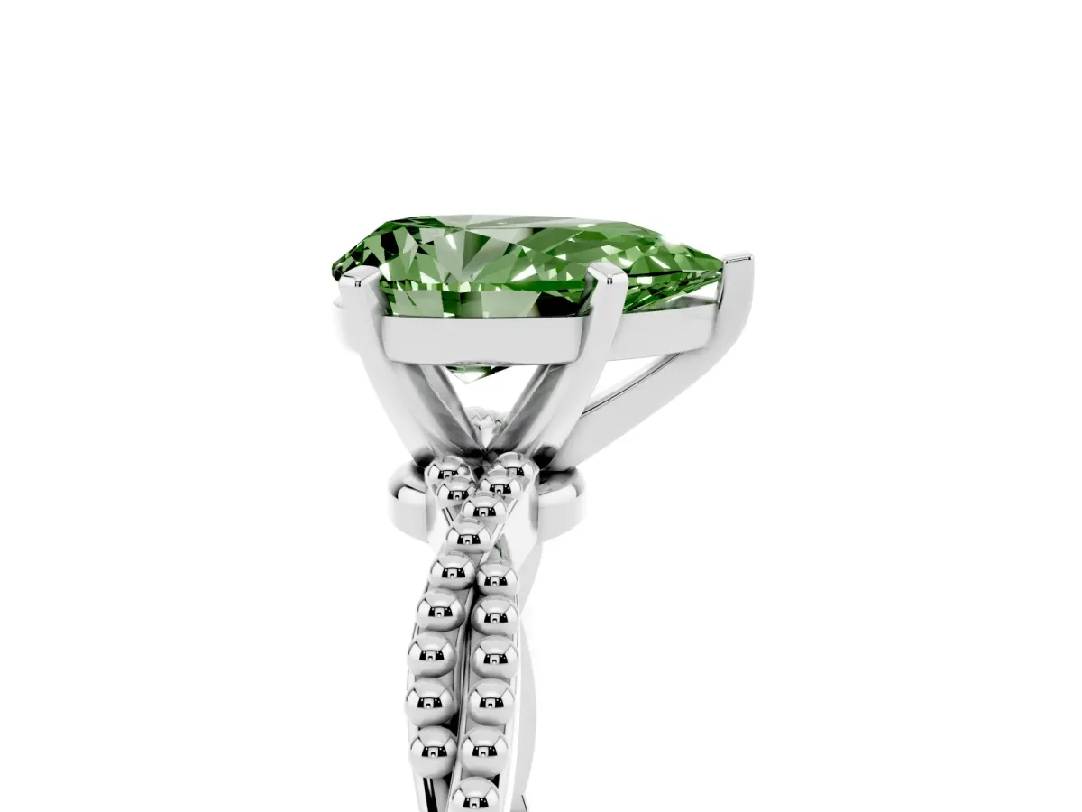 Fancy Green Pear Cut Solitaire Twisted Band with Bead Prong Setting Silver