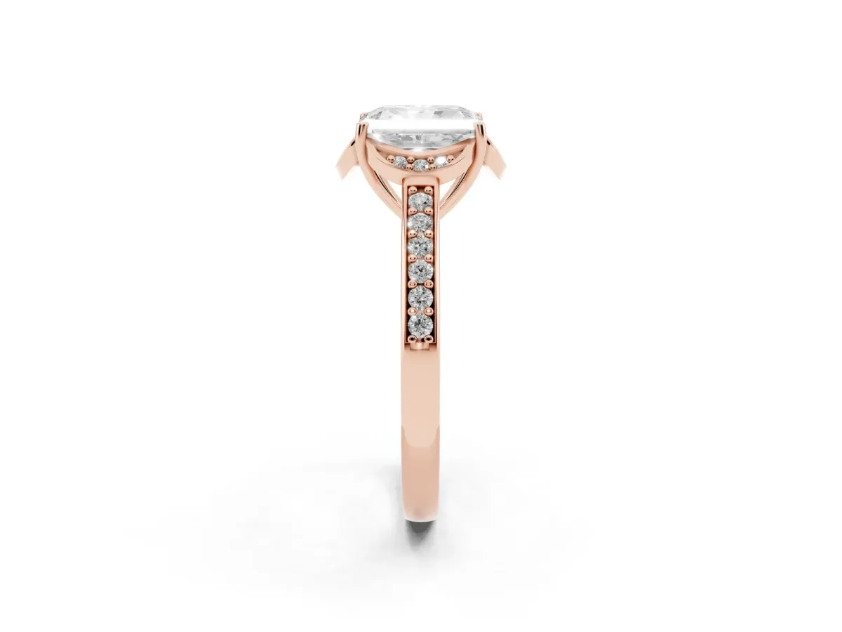 Radiant Cut Cut Halo Diamond Ring with Channel Set Band and Four-Prong Setting Rose gold