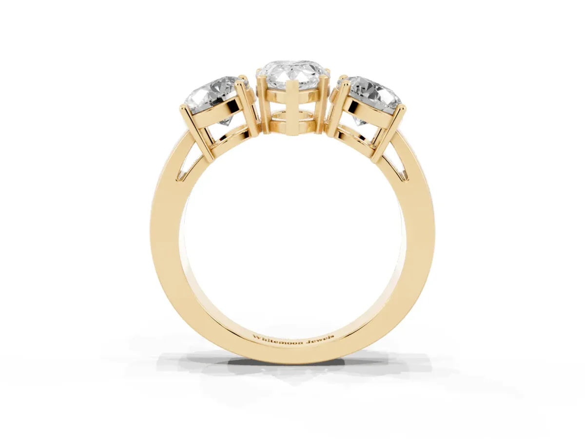 Three-Stone Pear Cut Diamond Ring with Round Side Stones, Classic Band, and Four-Prong Setting Yellow gold