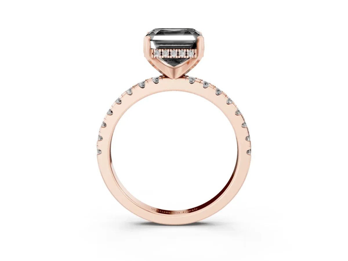 Fancy Black Asscher Cut Diamond Solitaire Ring with Round Pavé Band and Four-Prong Setting Rose gold