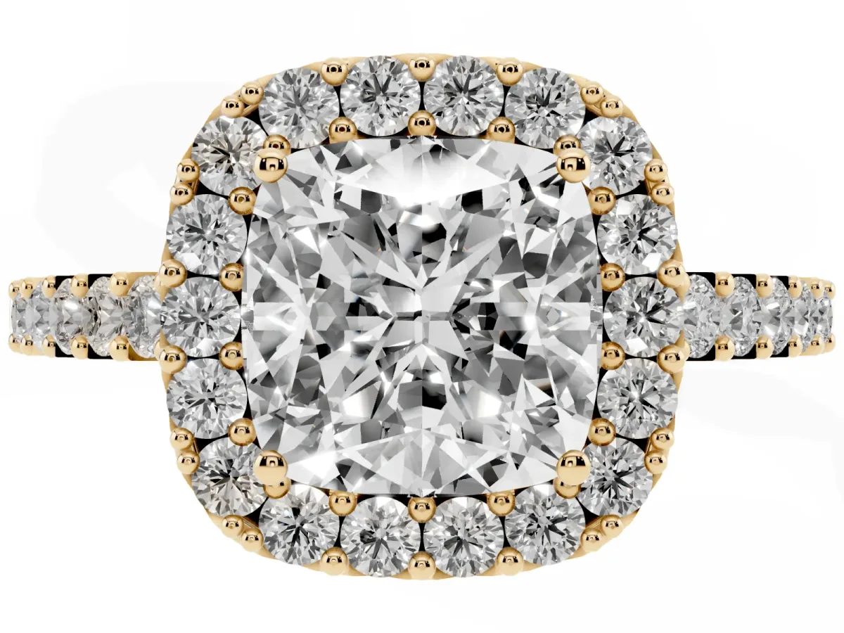 Cushion Cut Halo Diamond Pavé Solitaire Ring Yellow gold