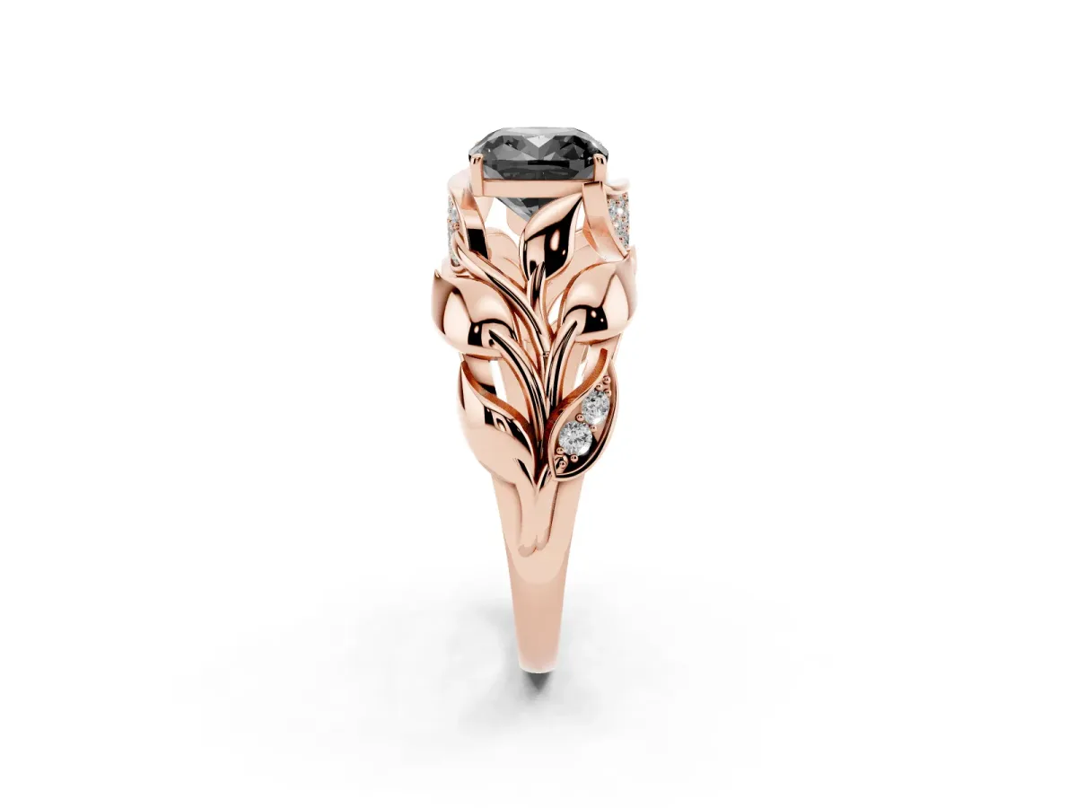 Fancy Black Cushion Cut Diamond Leaf-Inspired Engagement Ring with Round Accents and Prong Setting Rose gold