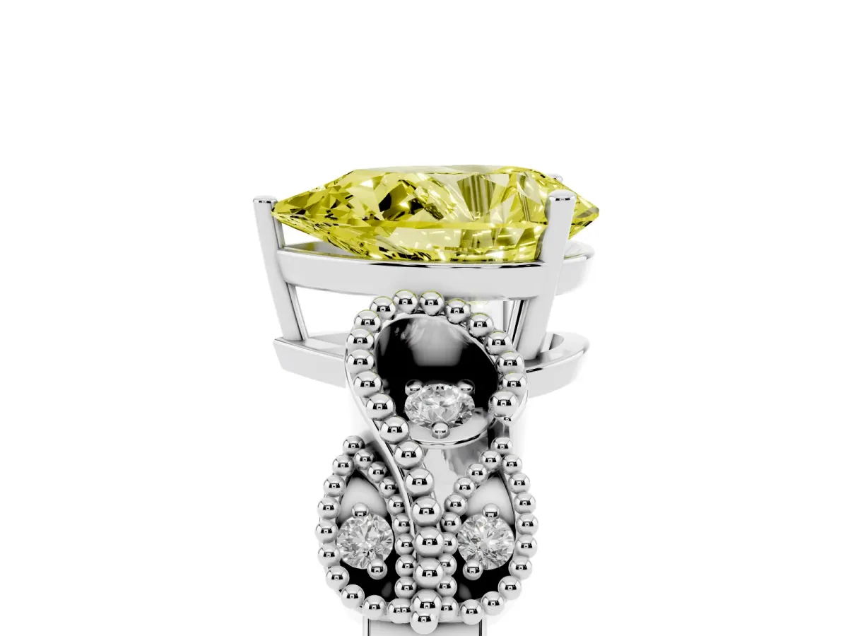 Fancy Yellow Pear Cut Solitaire Milgrain Leaf Band with Prong Setting White gold