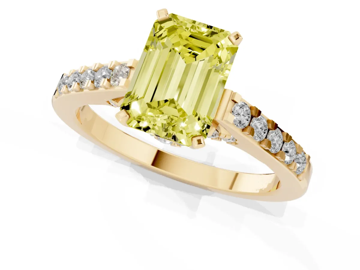 Fancy Yellow Emerald Cut Diamond Solitaire Ring with Crossover Gallery and Round Pavé Band Yellow gold