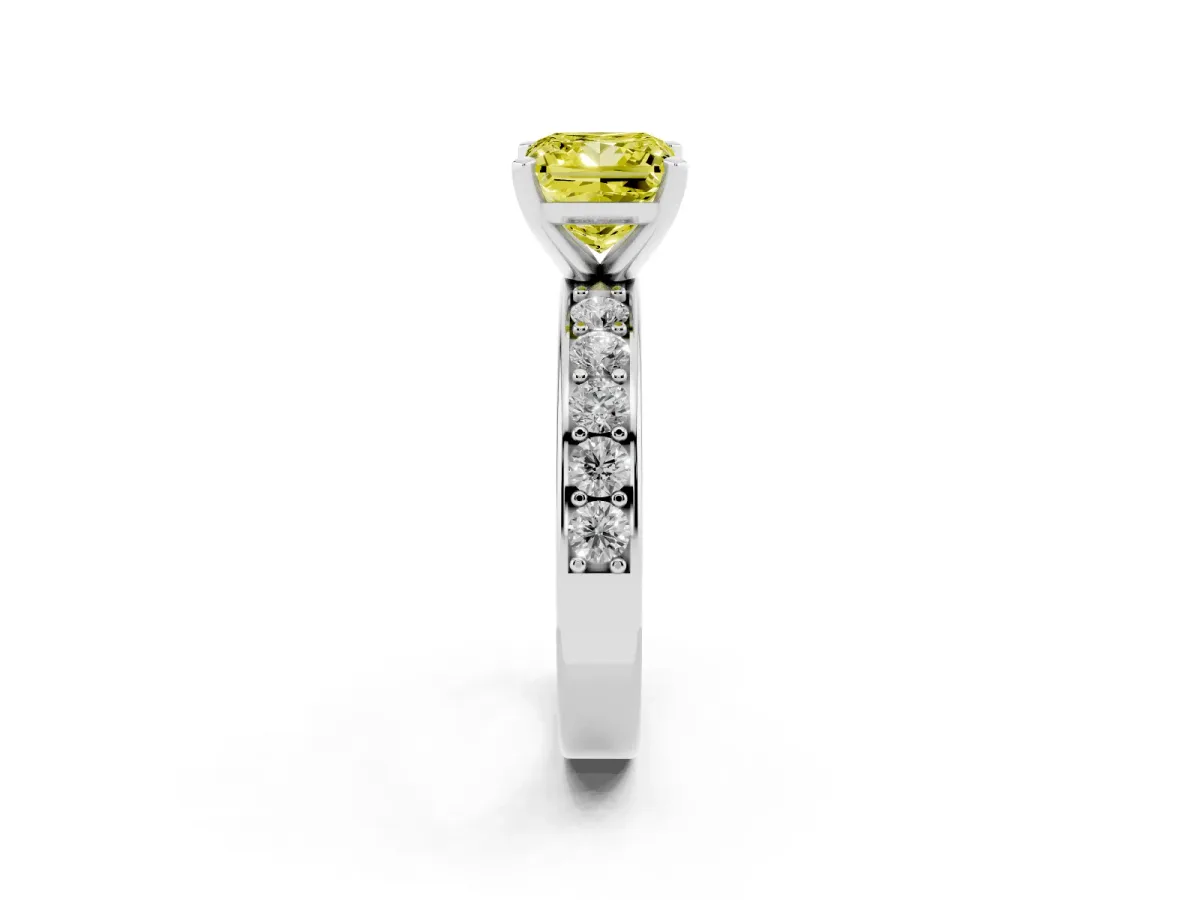 Fancy Yellow Princess Cut Diamond Engagement Ring with Channel Set Round Band and Prong Setting Platinum