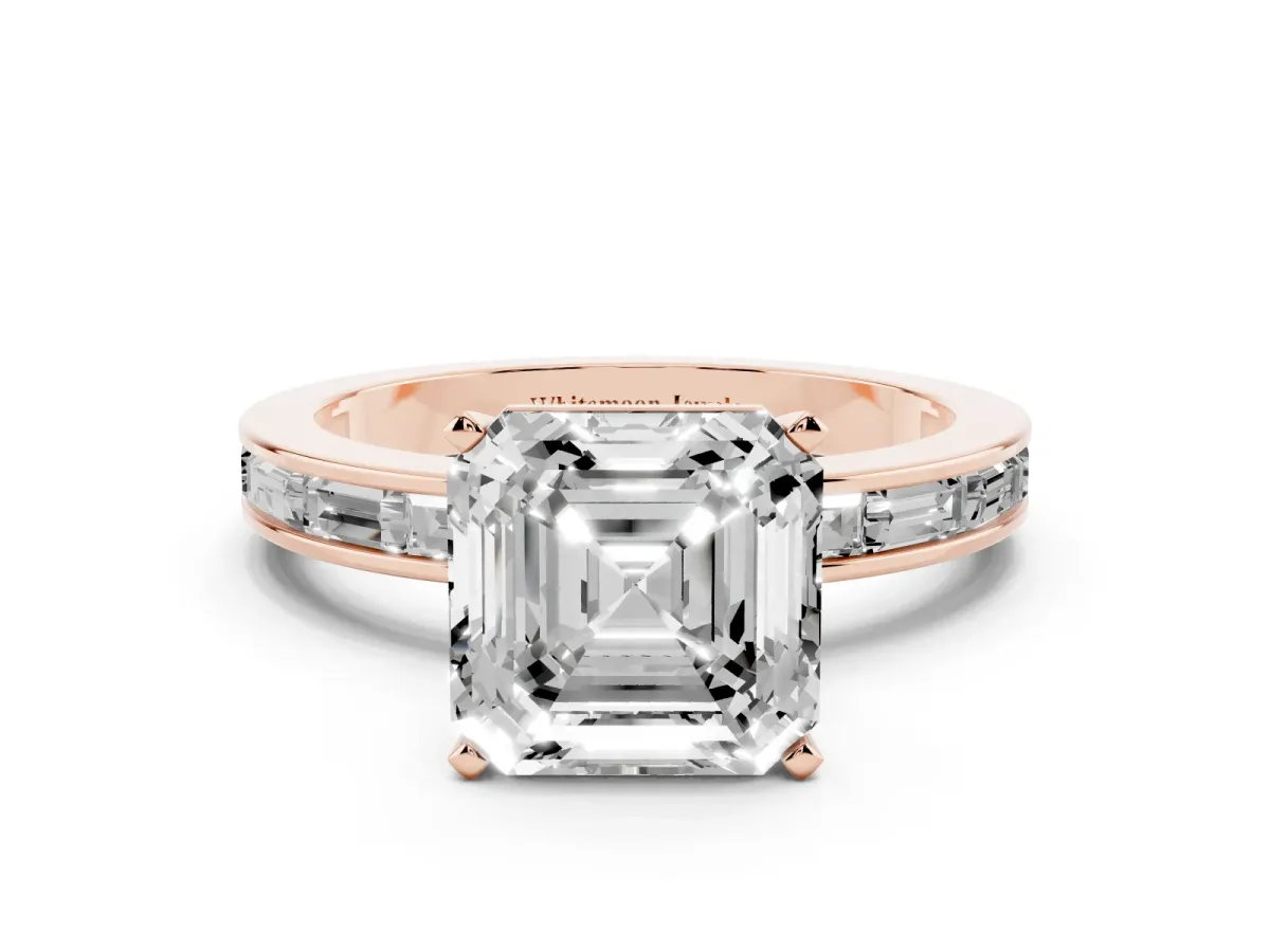 Asscher Cut Solitaire Diamond Ring with Channel-Set Baguette Band and Four-Prong Setting Rose gold