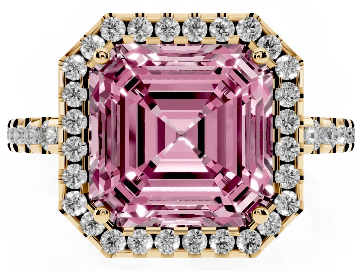 Fancy Pink Asscher Cut Diamond Halo Engagement Ring with Pavé Band and Prong Setting Yellow gold