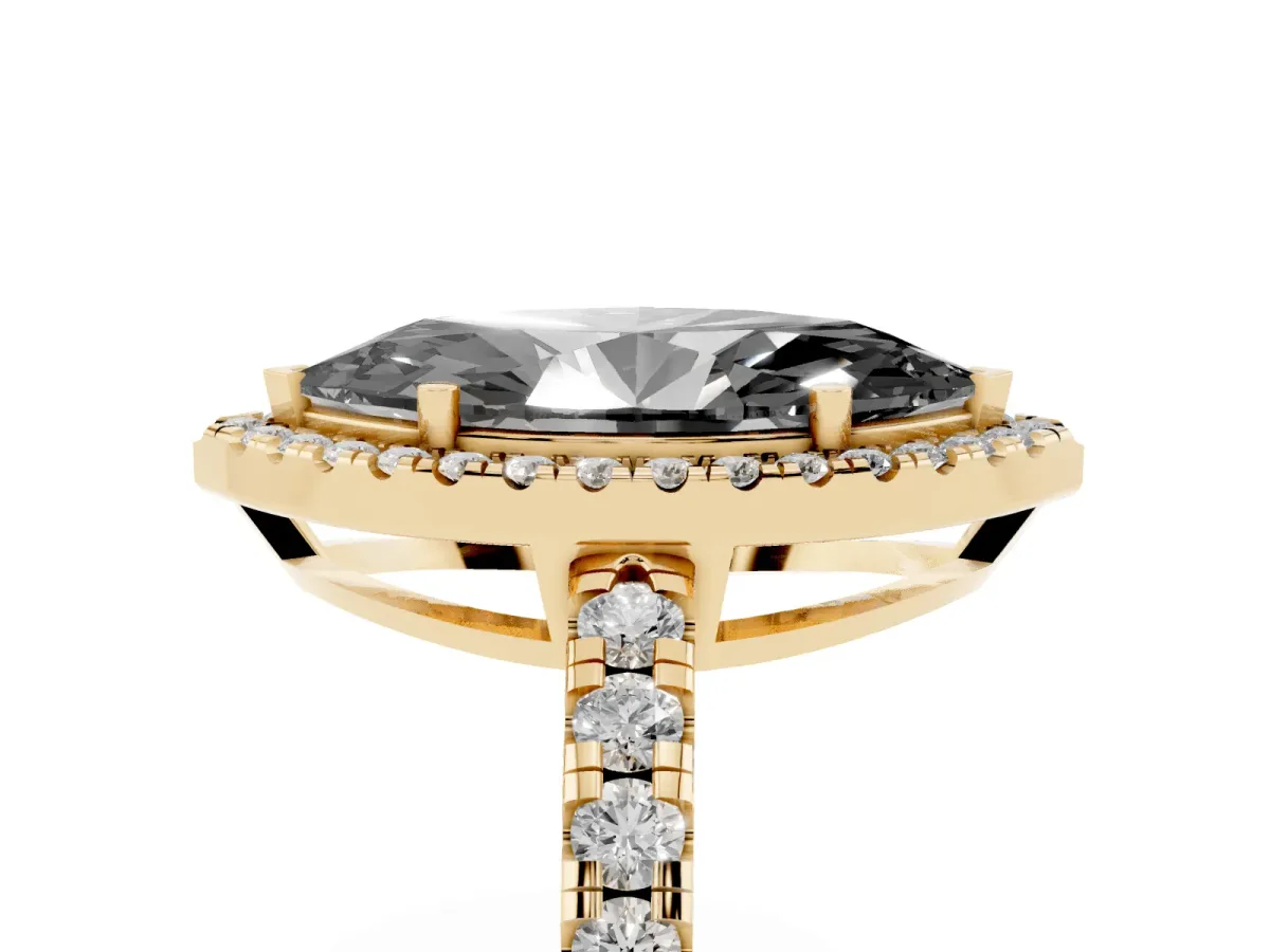 Fancy Black Marquise Cut Diamond Halo Ring with Pavé Band and Four-Prong Setting Yellow gold