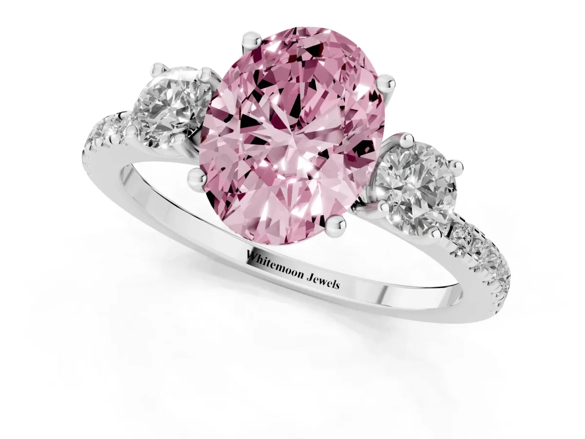Fancy Pink Three-Stone Oval Cut Cut Diamond Pavé Band with Prong Setting Silver
