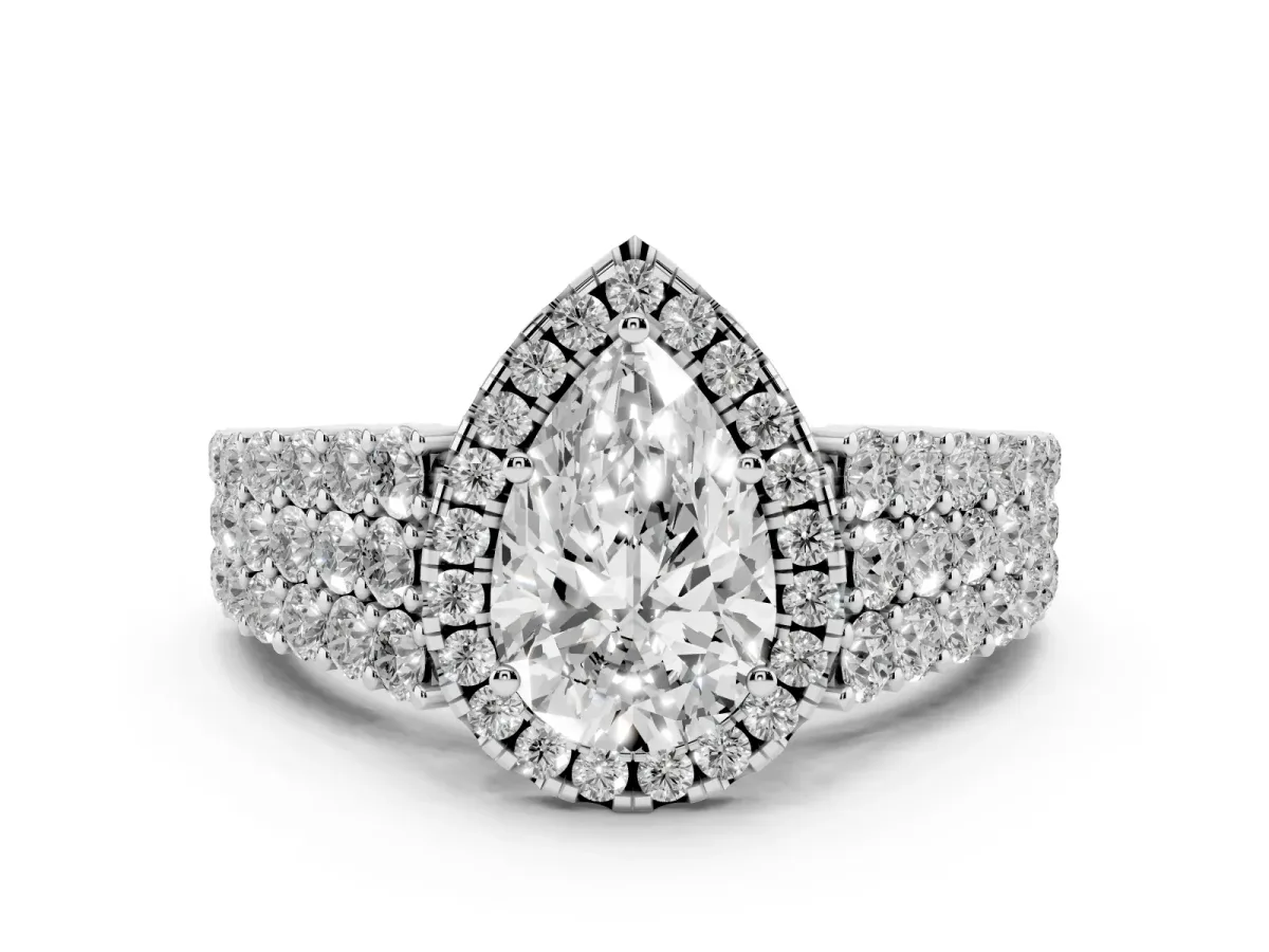 Pear Cut Diamond Halo Engagement Ring with Triple Row Round Pavé Band and Prong Setting Silver