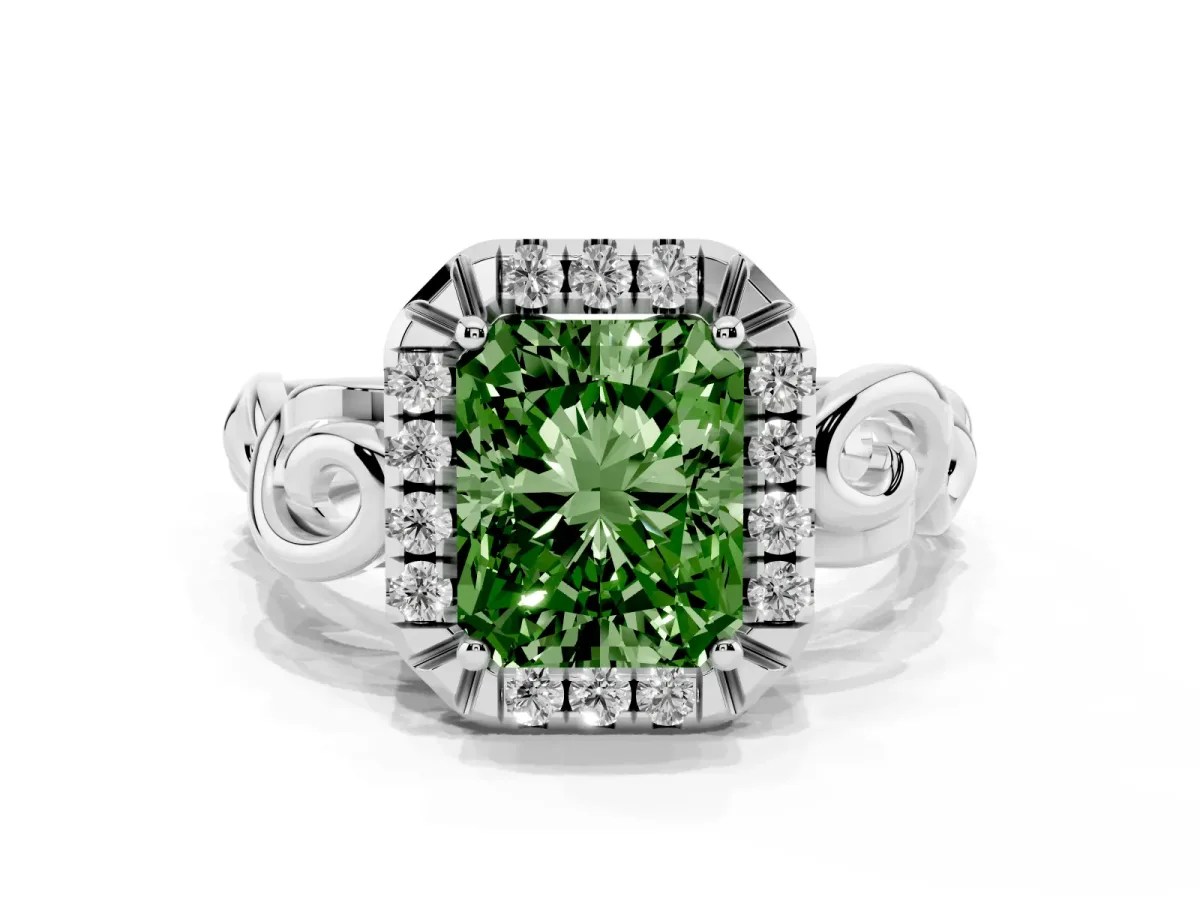Fancy Green Radiant Cut Cut Halo Diamond Ring with Scrollwork Band and Four-Prong Setting Platinum