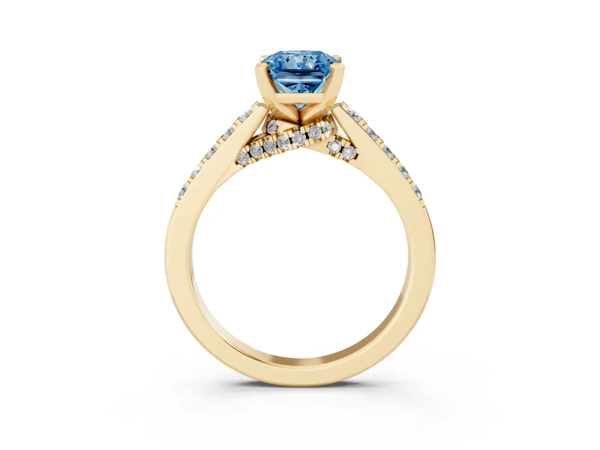 Fancy Blue Radiant Cut Diamond Solitaire Ring with Crossover Gallery and Round Pavé Band Yellow gold
