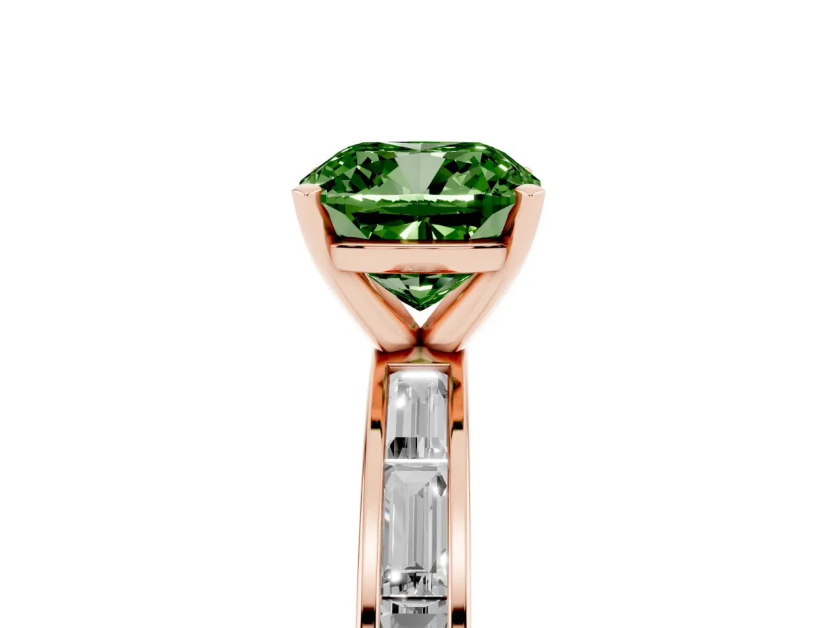 Fancy Green Cushion Cut Solitaire Diamond Ring with Channel-Set Baguette Band and Four-Prong Setting Rose gold