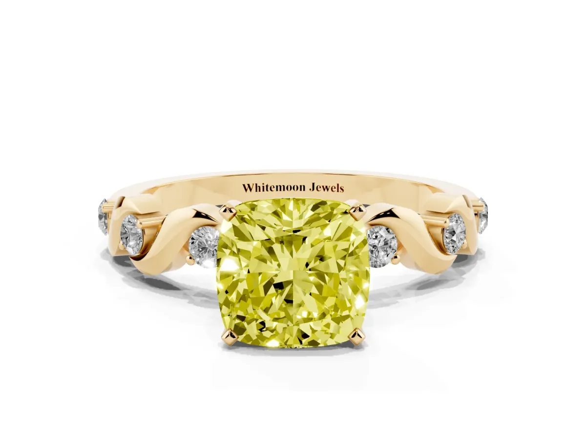 Fancy Yellow Cushion Cut Diamond Solitaire Twisted Band with Round Accents and Prong Setting Yellow gold