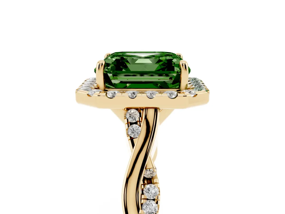 Fancy Green Asscher Cut Halo Twist Band Solitaire Ring Yellow gold