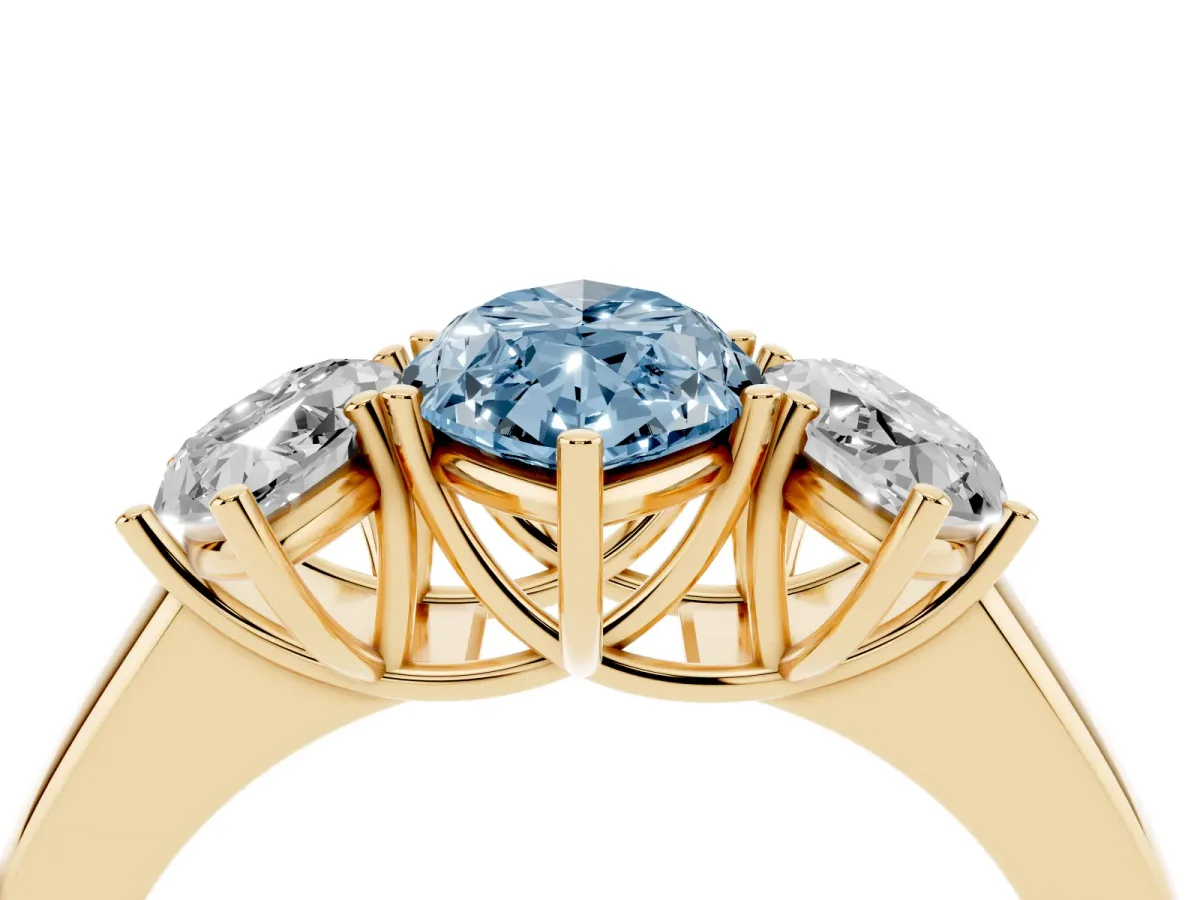 Fancy Blue Three-Stone Marquise Cut Cut Diamond Ring with Prong Setting and Classic Band Yellow gold