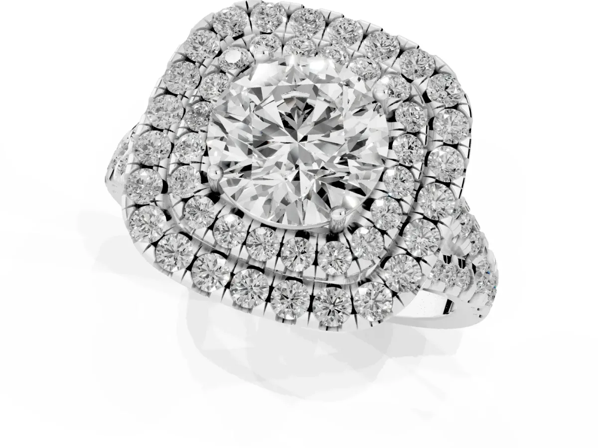 Double Halo Round Cut Diamond Pavé Split Shank Ring with Prong Setting Silver